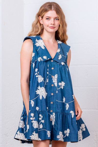 Denim Floral Embroidery Button Down Dress