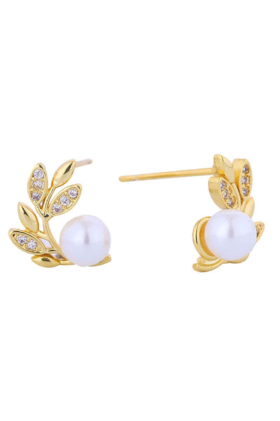 14k Dipped Pearl Cz Plant Leaf Shape Post Earrings