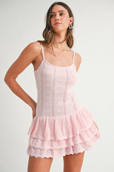 Bow Pointelle Knit Ruffle Mini Dress