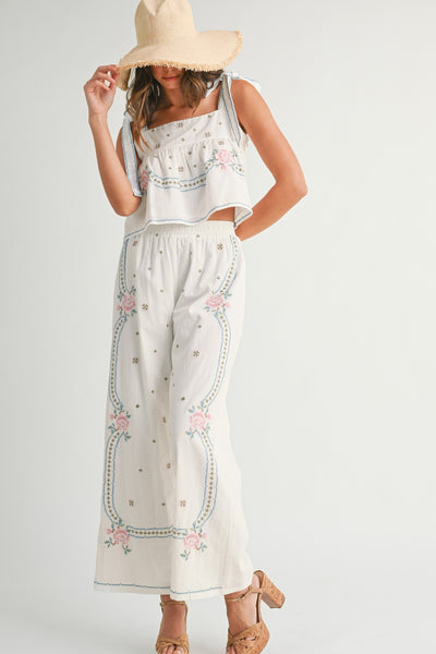 Embroidered Shoulder Tie Strap Top & Pants Set
