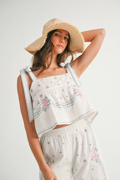 Embroidered Shoulder Tie Strap Top & Pants Set