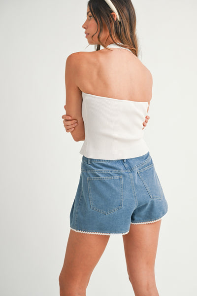 Button Front Halter Neckline Knit Top