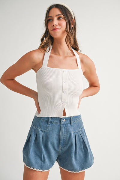 Button Front Halter Neckline Knit Top