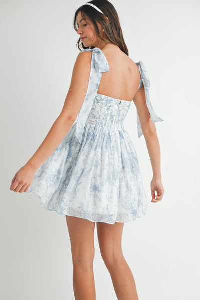 Floral Bust Ruched Mini Dress W/ Shoulder Tie