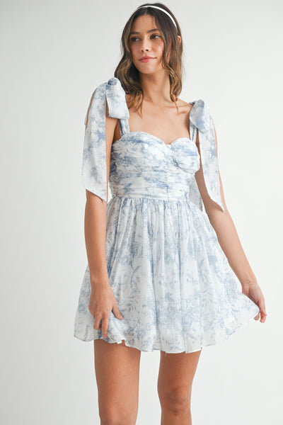Floral Bust Ruched Mini Dress W/ Shoulder Tie