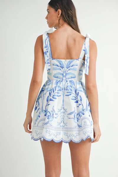 Print Shoulder Tie Scallop Hem Mini Dress