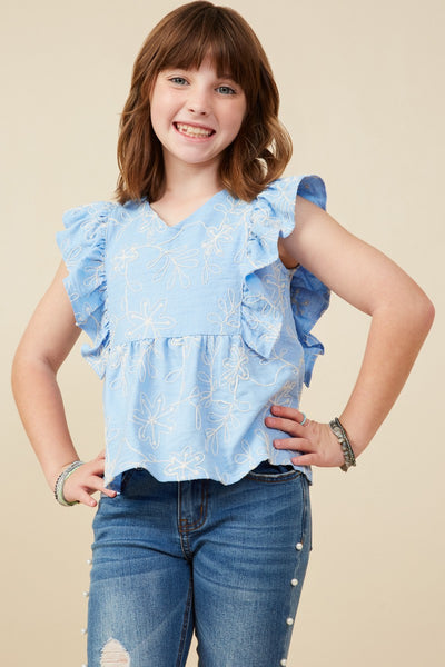 Girls Floral Embroidered Ruffled Peplum Top