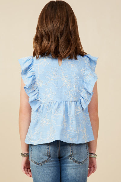 Girls Floral Embroidered Ruffled Peplum Top