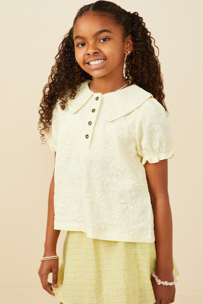Girls Floral Embossed Peter Pan Collar Top