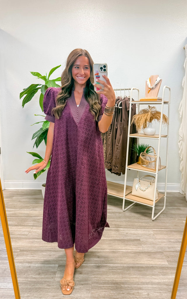 Solid Eyelet Short Puff Sleeve Midi Dress