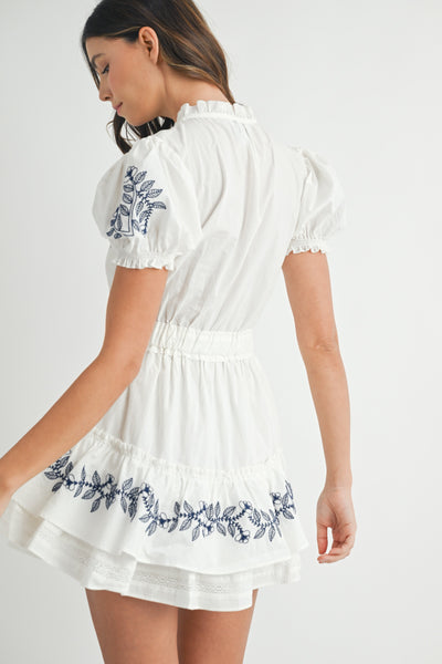 Embroidered Mini Ruffle Tier Dress