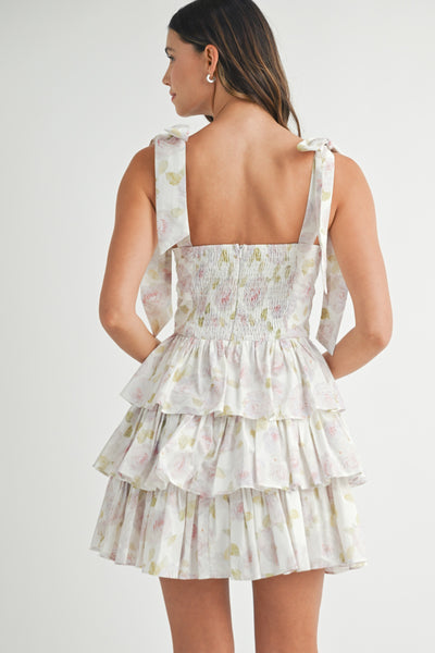 Floral Shoulder Tie Corset Tiered Mini Dress