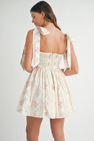 Floral Bust Ruched Mini Dress W/ Shoulder Tie