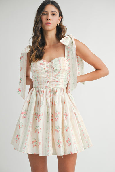 Floral Bust Ruched Mini Dress W/ Shoulder Tie