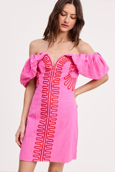 Embroidery Detail Off Shoulder Mini Dress