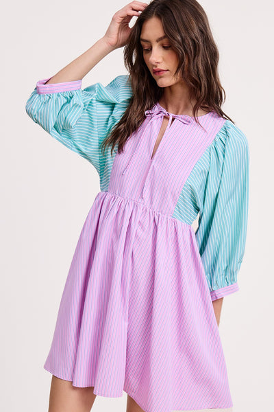 Two-tone Striped Puff Sleeve Mini Dress