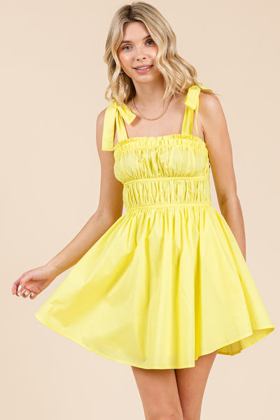 Ruched Bodice Dress W/ Tie Shoulder Strap