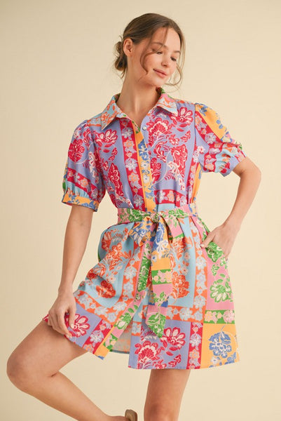 Patchwork Print Belted Dress