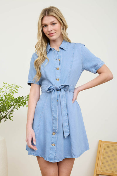 Chambray Button Down Belted Shirt Dress