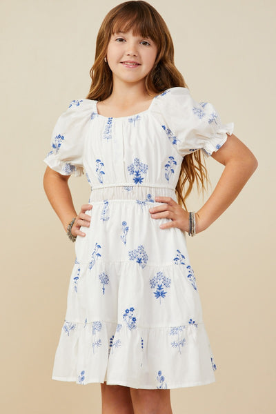 Girls Wispy Floral Embroidered Button Detail Dress