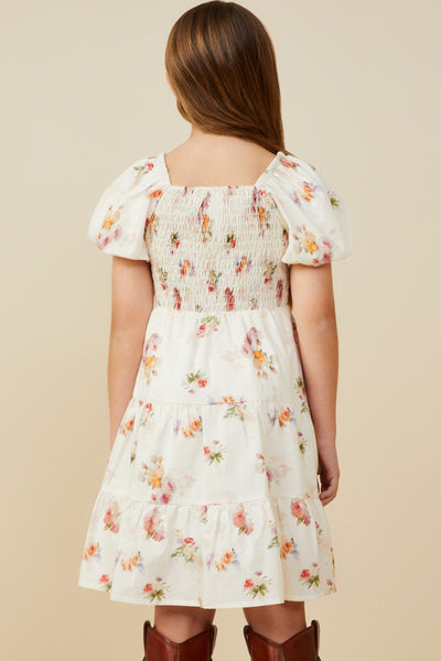 Girls Bow Detailed Smocked Textured Floral Dress
