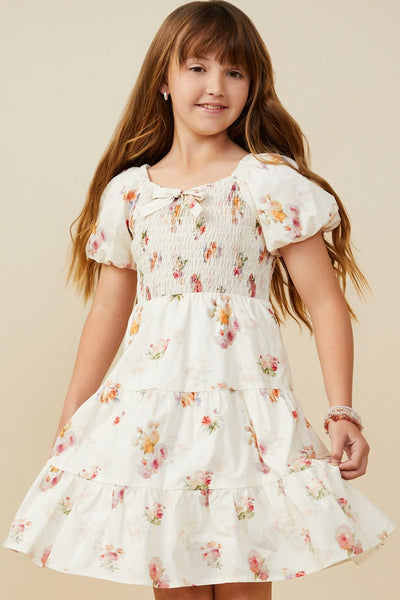 Girls Bow Detailed Smocked Textured Floral Dress