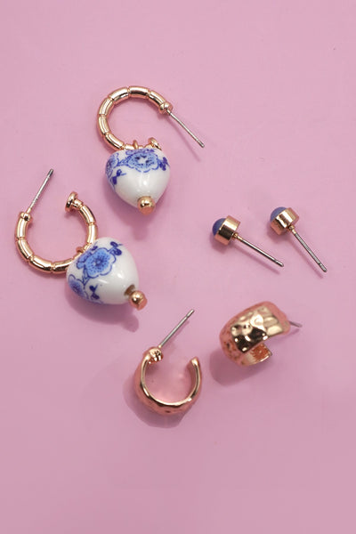 Blue Porcelain Huggie Hoop Earrings Trio Set