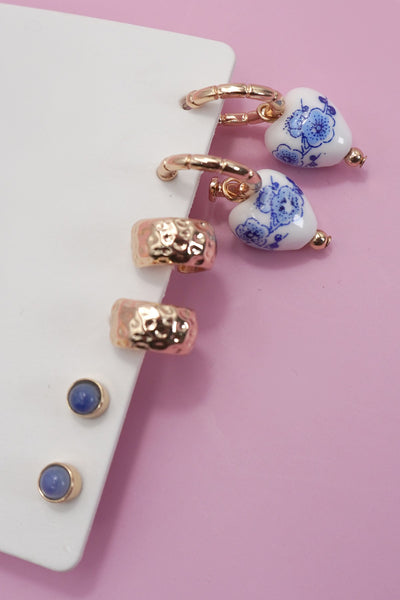 Blue Porcelain Huggie Hoop Earrings Trio Set