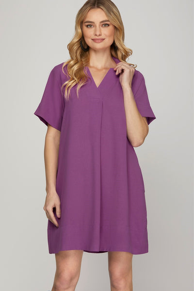 Short Sleeve Collared Mini Dress W/ Pockets