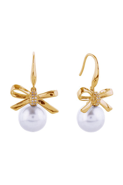 14k Dipped Ribbon Bow Pearl Drop Hook Earrings