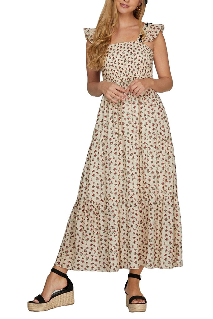 Woven Print Smocked Tiered Dress