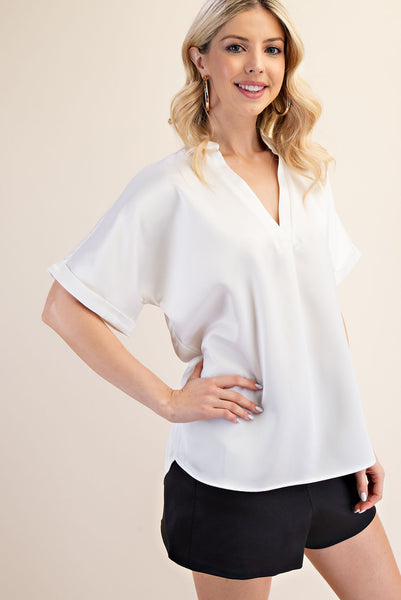 V-Neck Placket Cuffs Sleeve Top