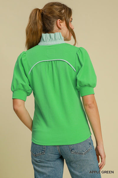 Stripe Contrast High Neck Short Sleeve Top