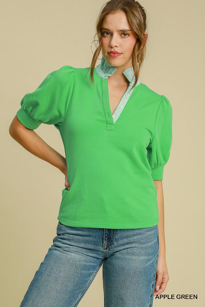 Stripe Contrast High Neck Short Sleeve Top