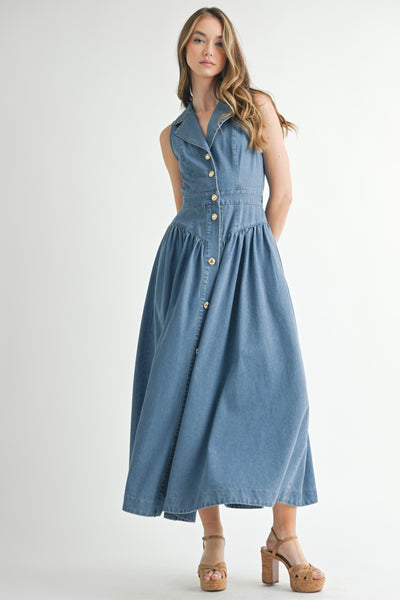 Denim Collared Button Down Midi Dress
