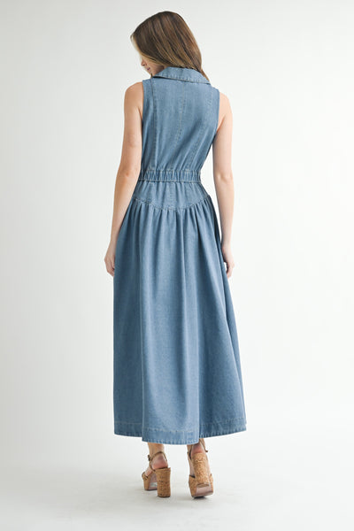 Denim Collared Button Down Midi Dress