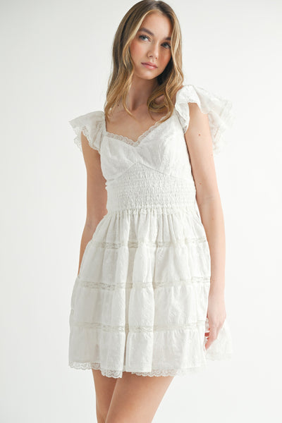 Eyelet Lace Smocked Waist Ruffle Mini Dress