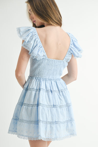 Eyelet Lace Smocked Waist Ruffle Mini Dress