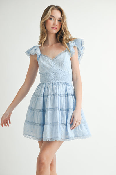 Eyelet Lace Smocked Waist Ruffle Mini Dress