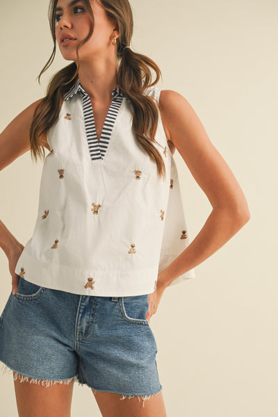 Sleeveless Embroidery Collared Tank
