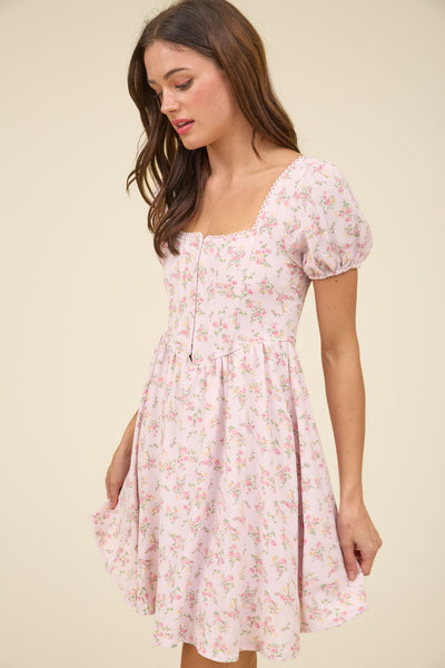 Floral Lace Trim Front Hook & Eye Mini Dress