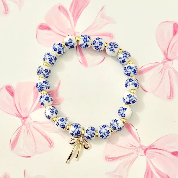 Bow Charm Blue Floral Porcelain Bracelet