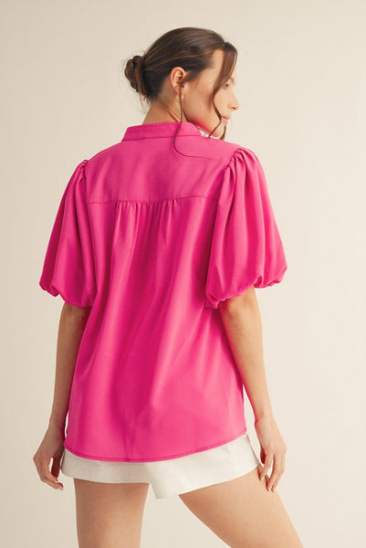 Short Puff Sleeves Mock Neck Top