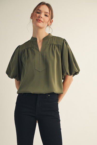 Short Puff Sleeves Mock Neck Top