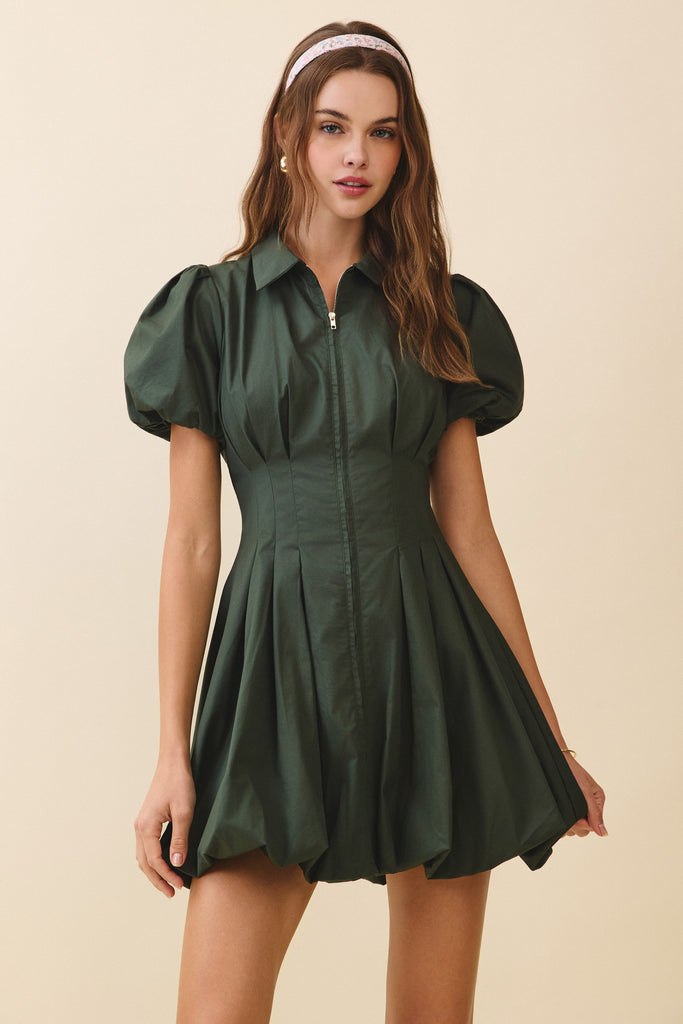 Zipper Front Bubble Sleeve Flare Dress