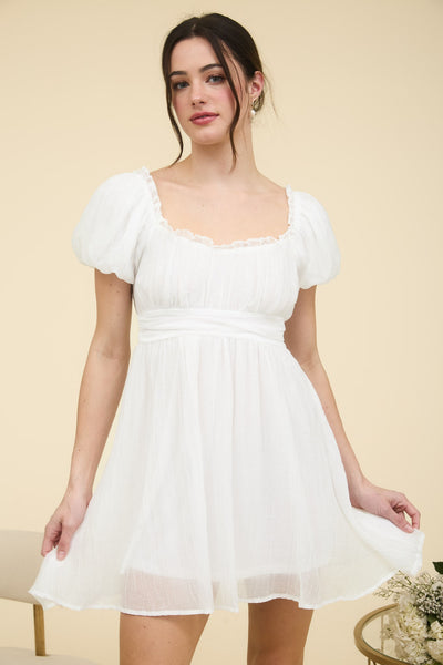 Balloon Sleeve Ruffle Trim Mini Dress