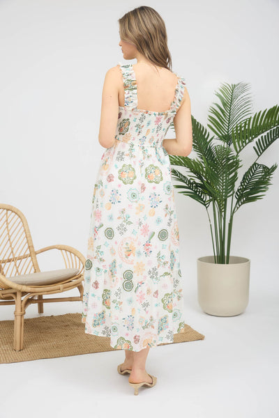 Fruit Print Smocked Sleeveless Midi Dress