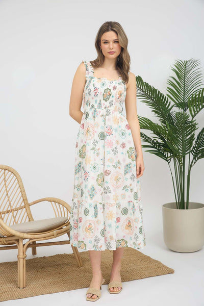 Fruit Print Smocked Sleeveless Midi Dress