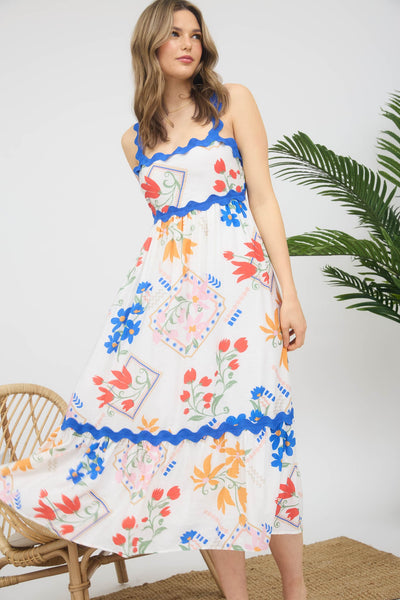 Fruit Print Smocked Sleeveless Midi Dress
