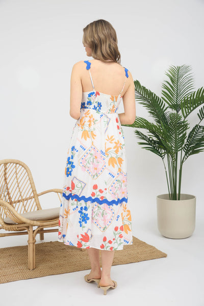 Fruit Print Smocked Sleeveless Midi Dress